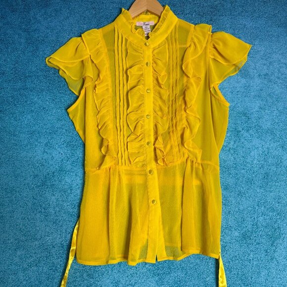 Finesse Tops - Vintage Y2K Finesse Mesh Ruffle Blouse 2XL Yellow Sheer Preppy Fairycore Top